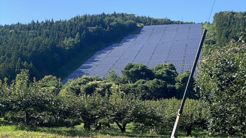 日本国内の山間部に設置された太陽光パネル