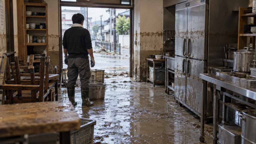大雨による床上浸水で泥が残った飲食店の厨房と店内を確認する店舗オーナー