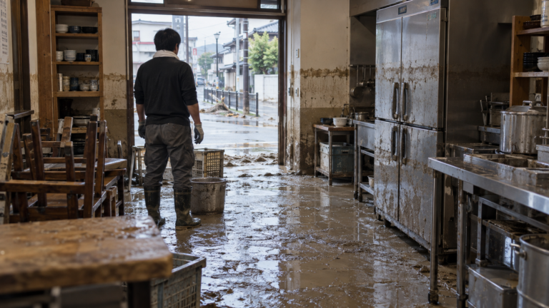 大雨による床上浸水で泥が残った飲食店の厨房と店内を確認する店舗オーナー